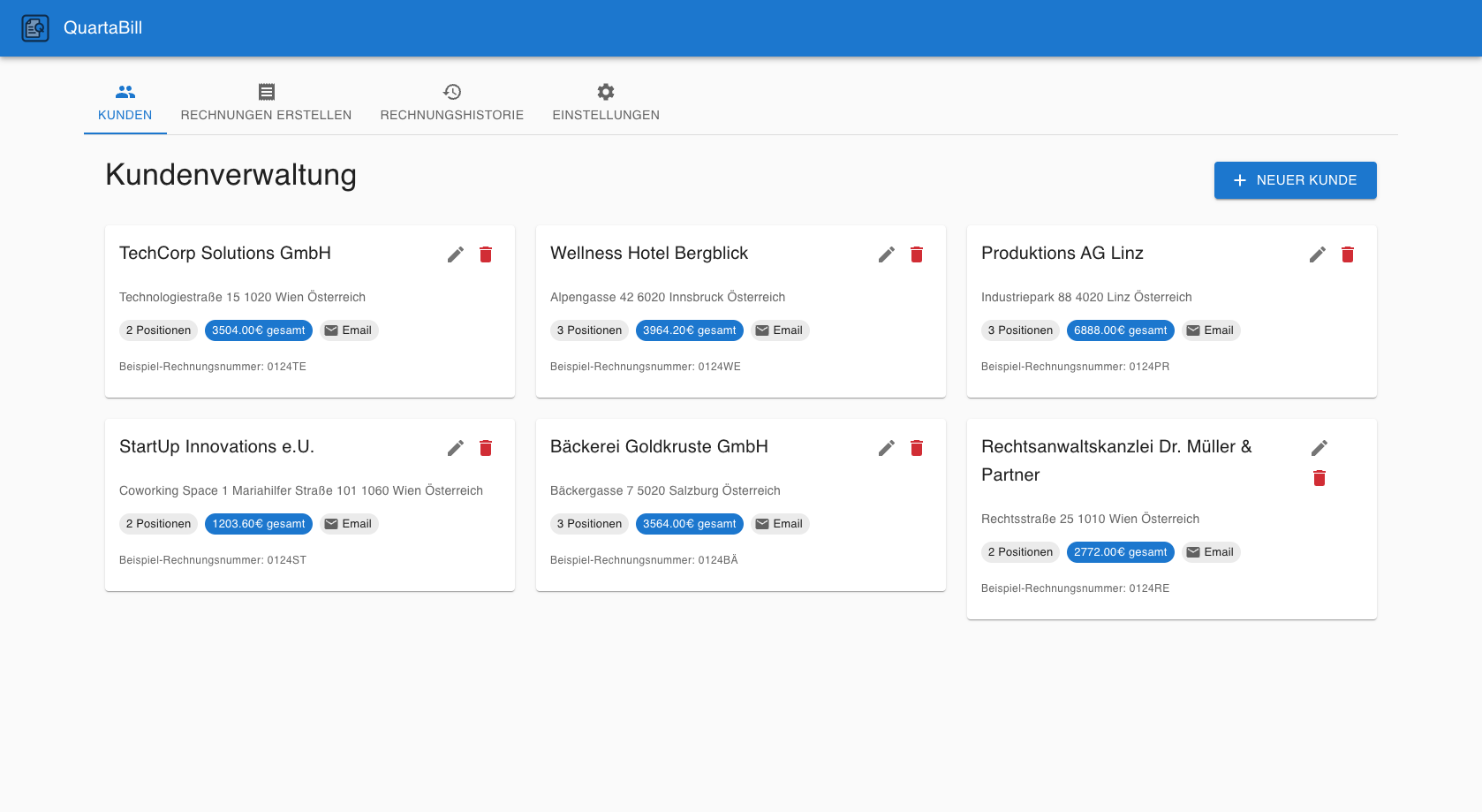 QuartaBill Hauptbildschirm